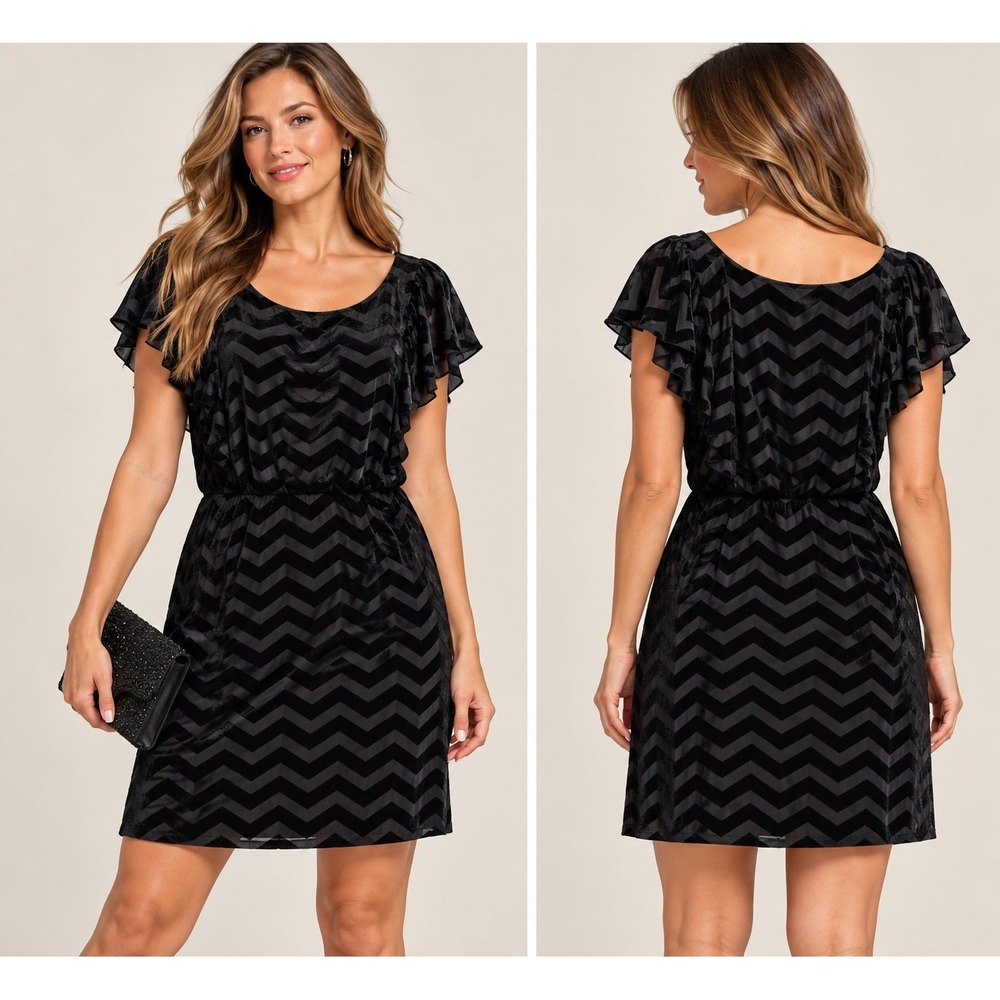 White House Black Market Black Chevron Burnout Velvet Flutter Sleeve Dress S